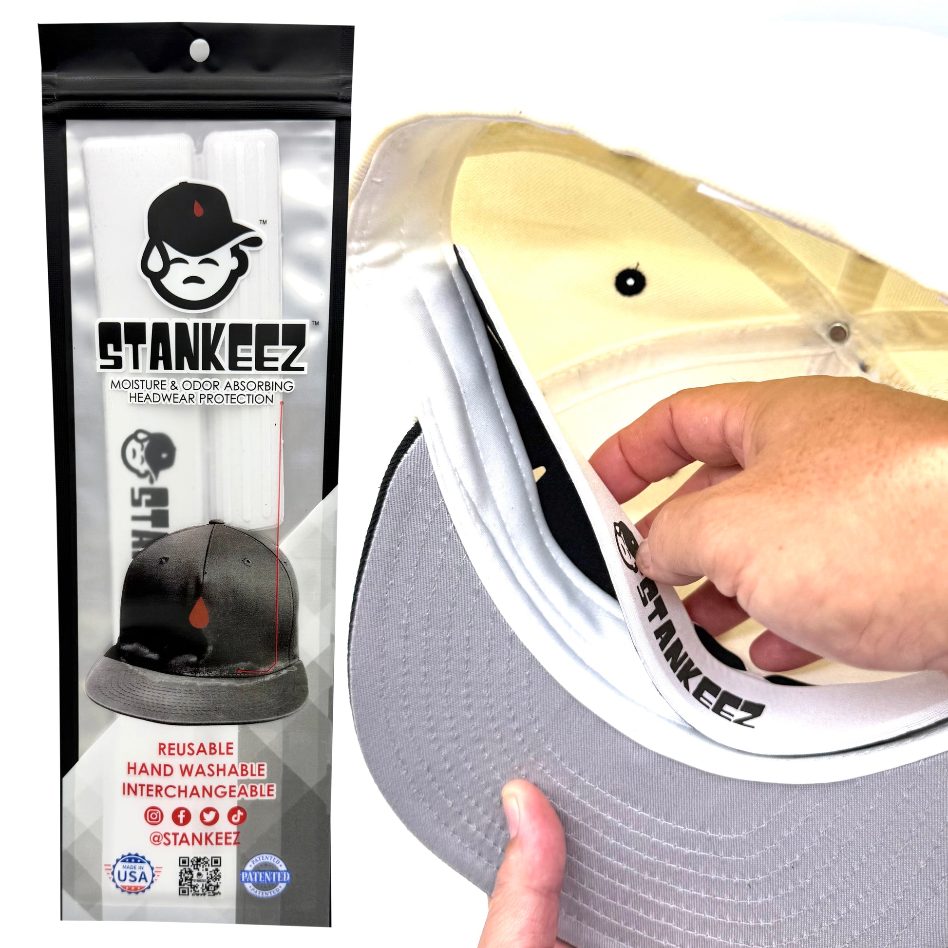 White STANKEEZ no sweat liner inside fitted baseball cap